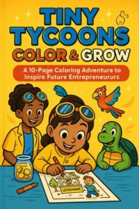 <img alt="Cover showing a child entrepreneur sketching a lightbulb and briefcase, introducing a business coloring adventure">
<img alt="Coloring book cover with kids brainstorming startup ideas, crayons, and the title Future Business Leaders">
<img alt="Bright cover illustration of young founders around a desk with laptop, lightbulb, and colorful crayons">
